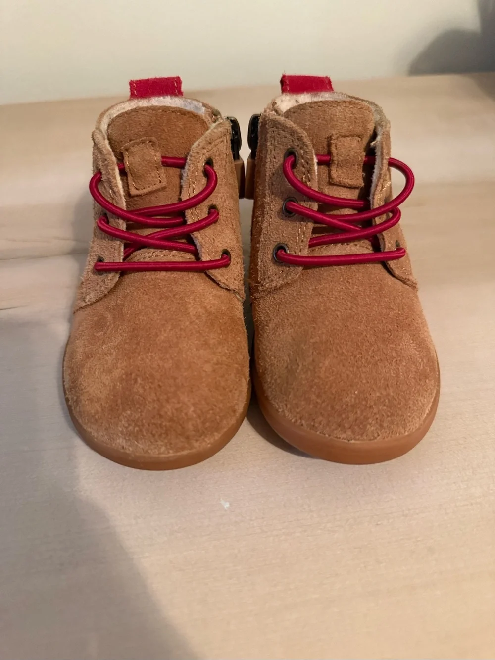 UGG Kids Tan Suede Ankle Boots with Red Accents